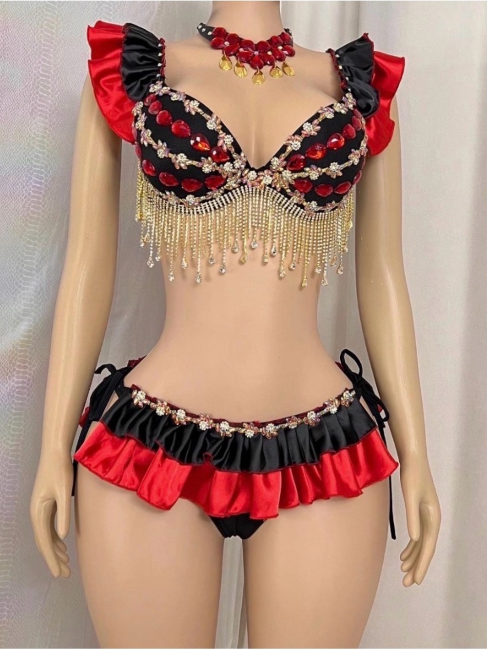 SIZE Large Embellished  Red & Black Sequin Fringe Crop Top and bottoms FULL SET